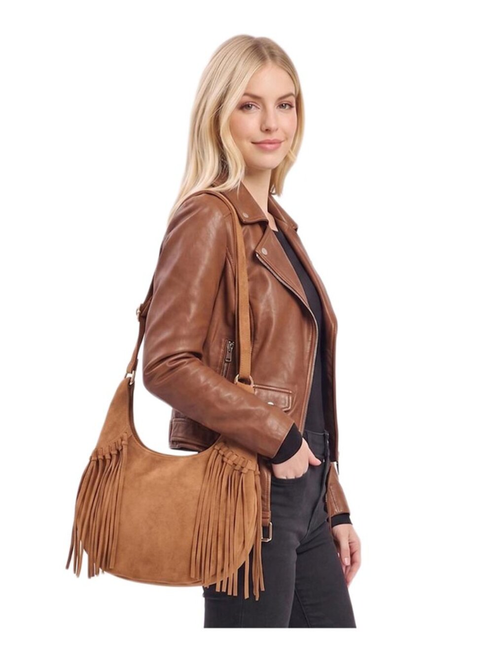 Tigerstars Western Camel Faux Suede Fringe Shoulder Hobo Bag